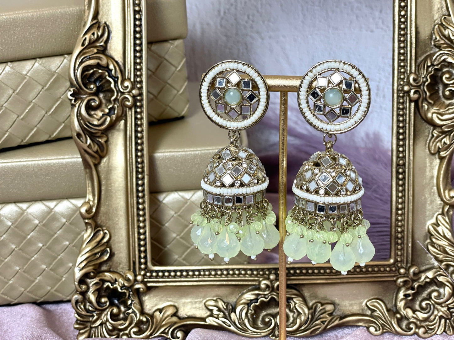 Mirror-Adorned Mint Green Jhumkas