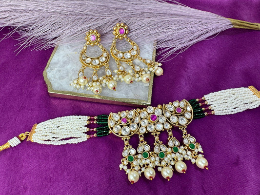 Green Pink Kundan Choker- Roar 1029