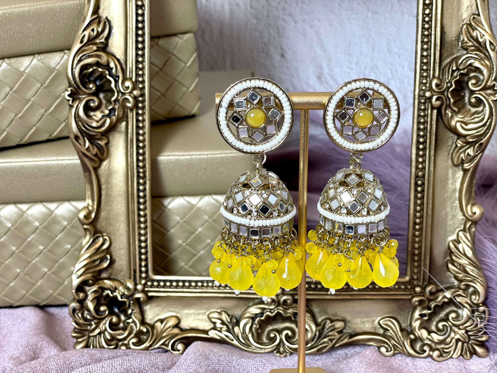 Elegant yellow mirror jhumkas