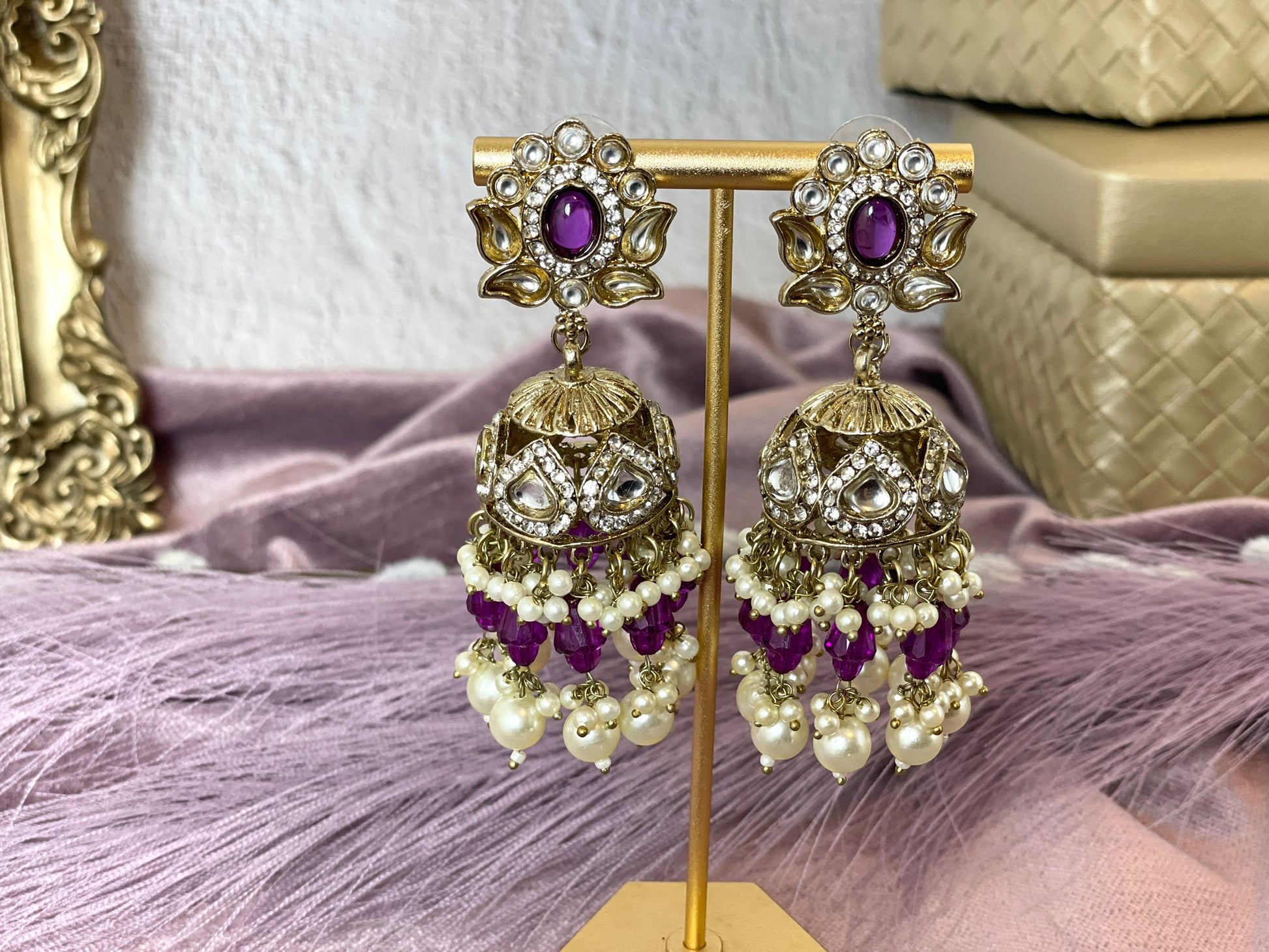 Gold plated dark purple earrings