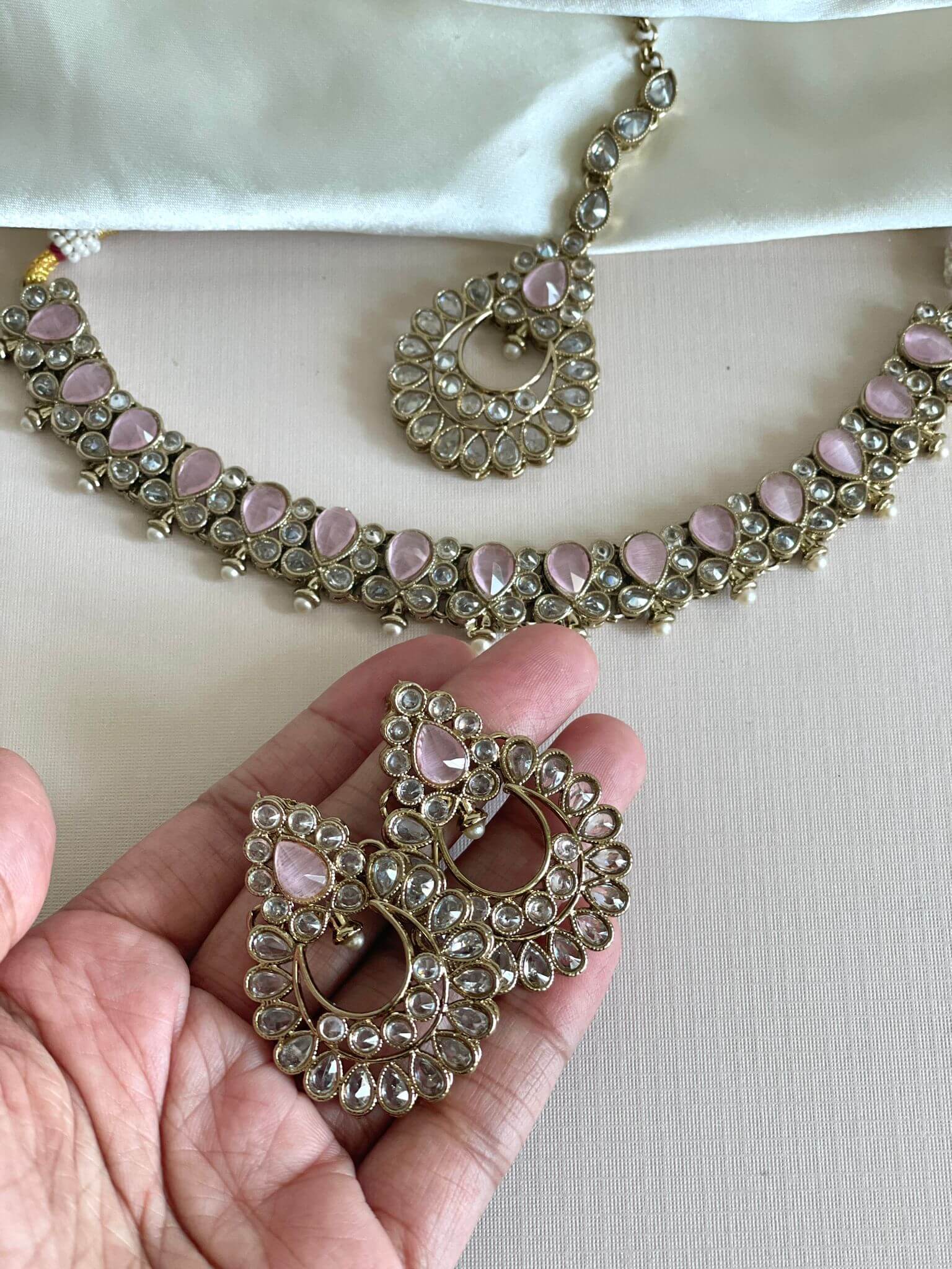 Reverse AD baby Pink Choker with tikka set and earrings