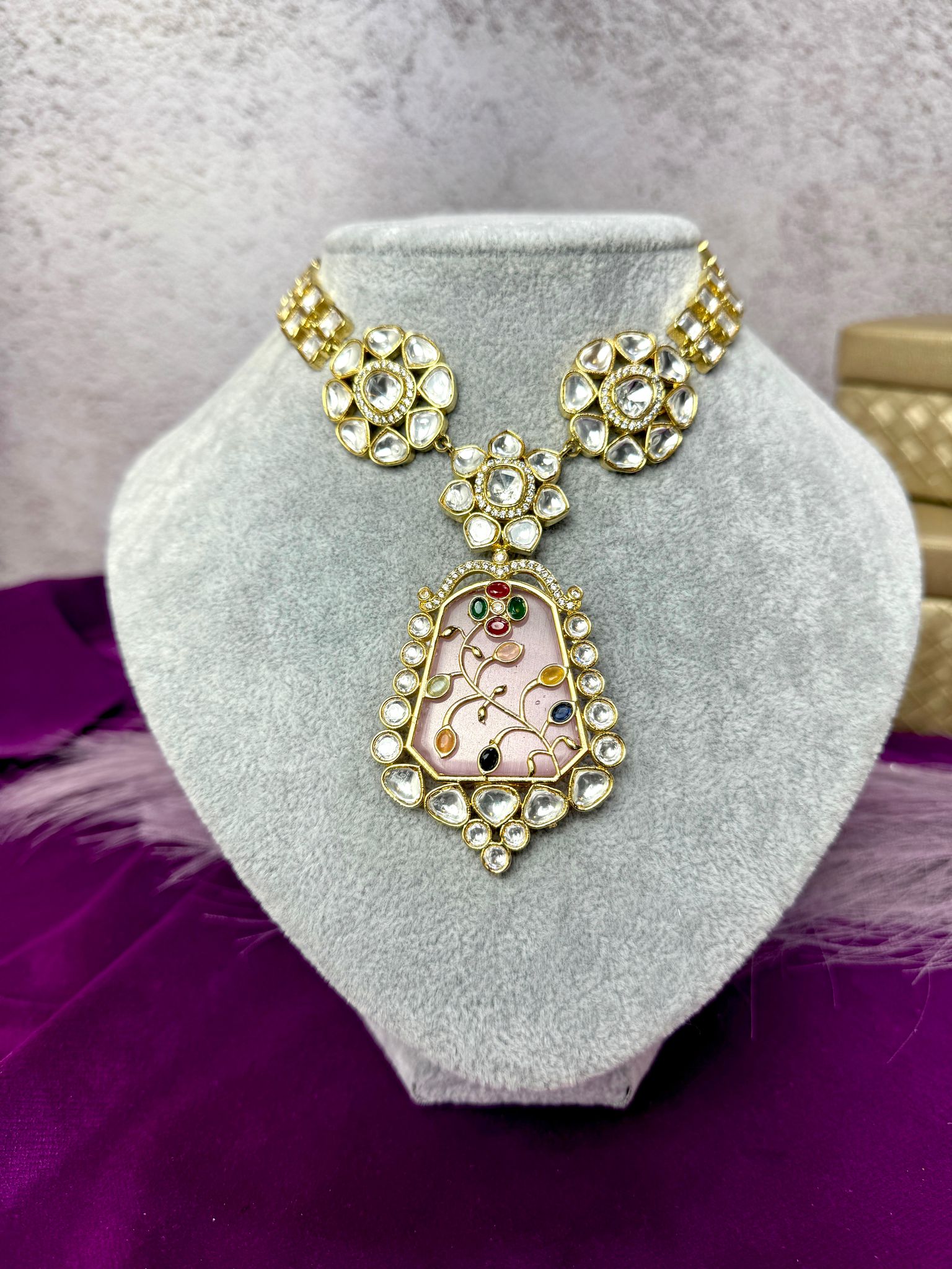 Elegant Pink Floral Kundan Choker Necklace