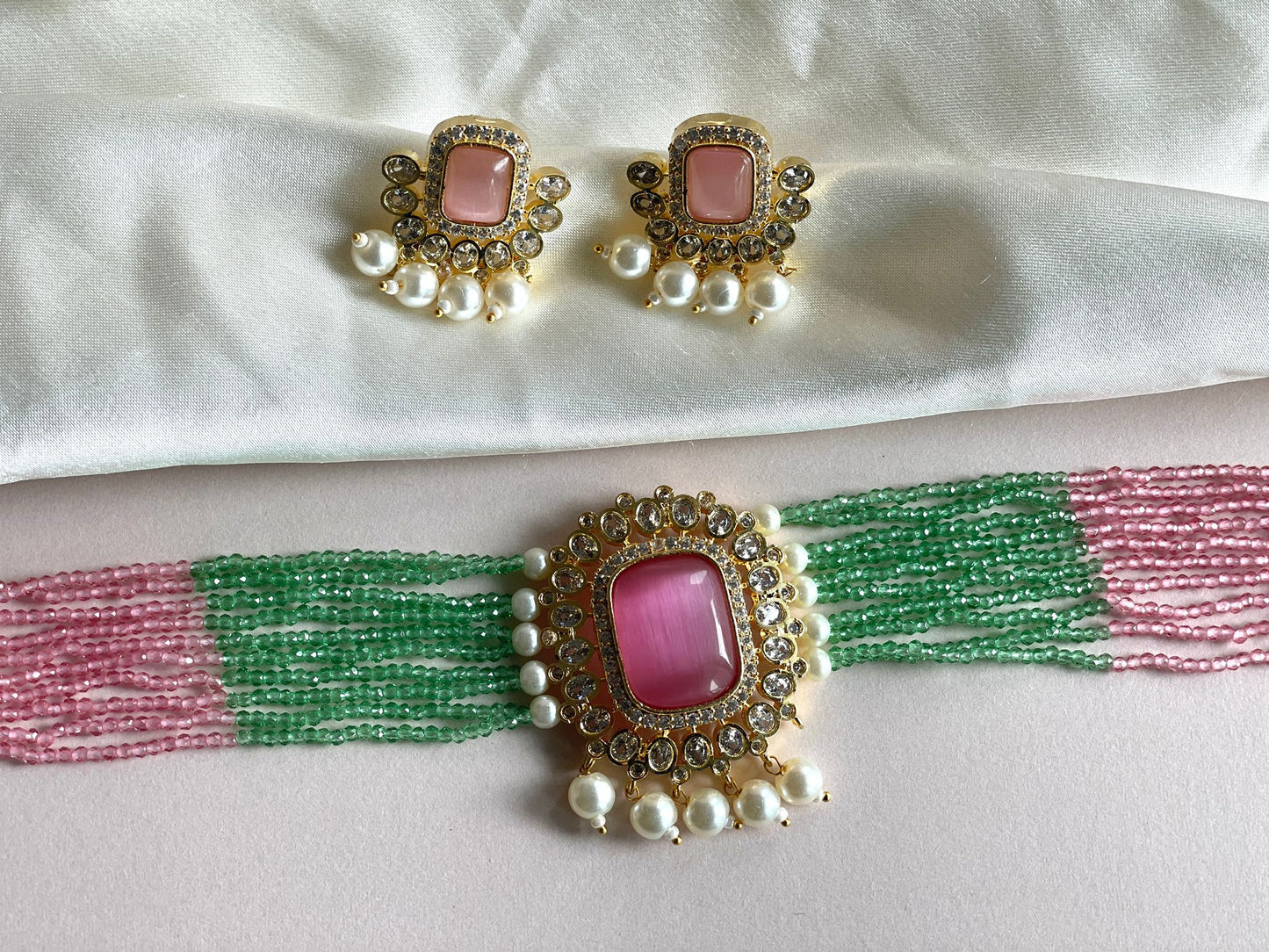 green and pink indian set