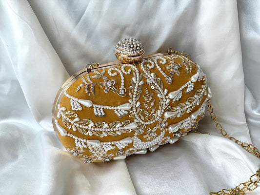 Yellow Pearl Zardozi Clutch
