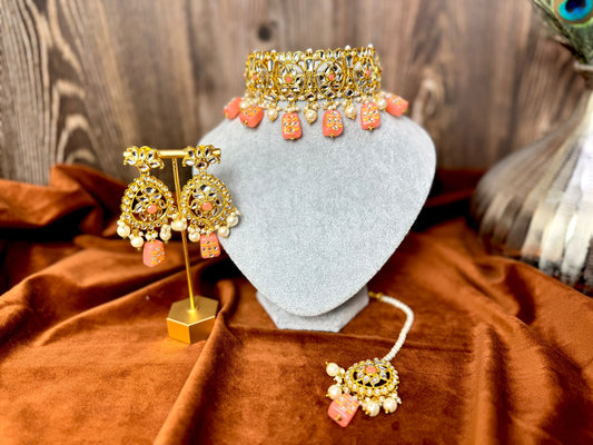 Gold plated peach meenakari set with earrings
