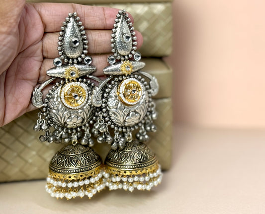 Gold and Silver oversized jhumkas- Lux