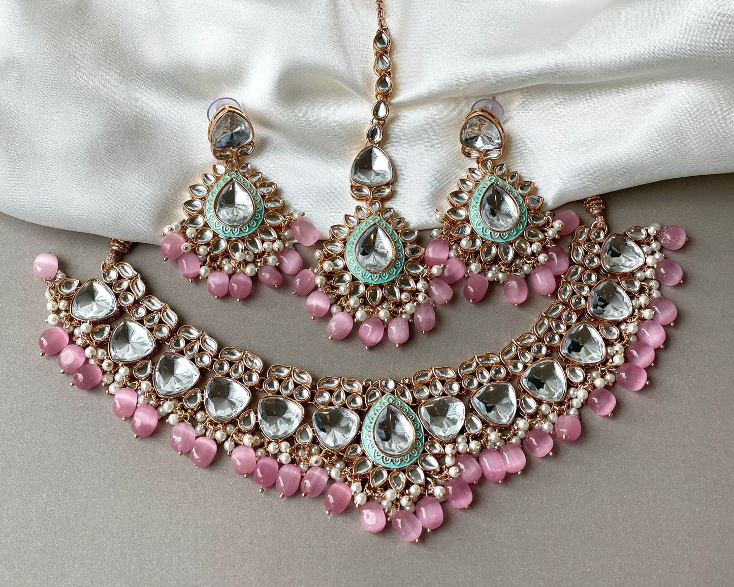Elegant Meenakari Necklace and Earrings in Pink and Green