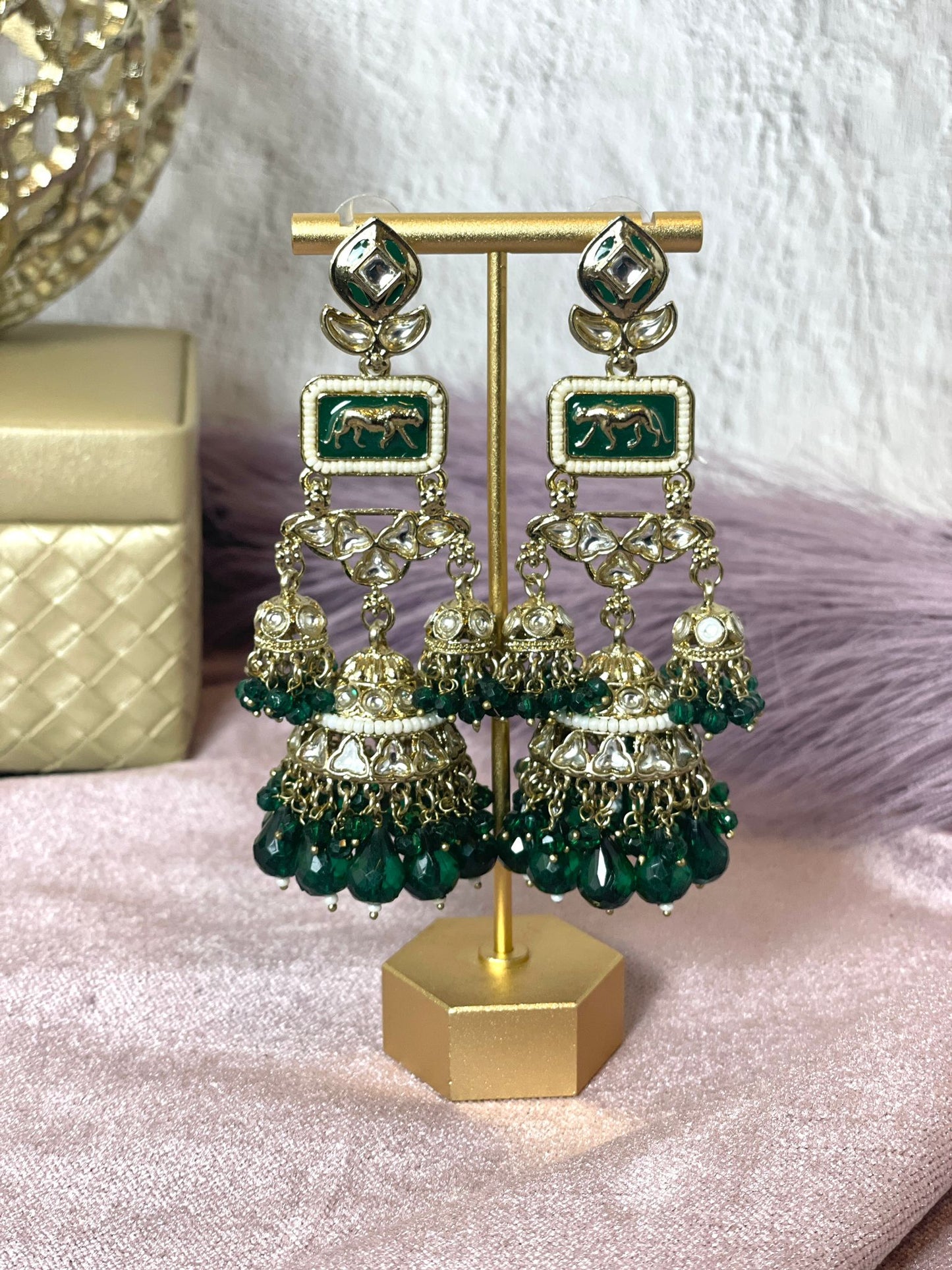 Emerald Green Jhumkas with Intricate Gold Detailing