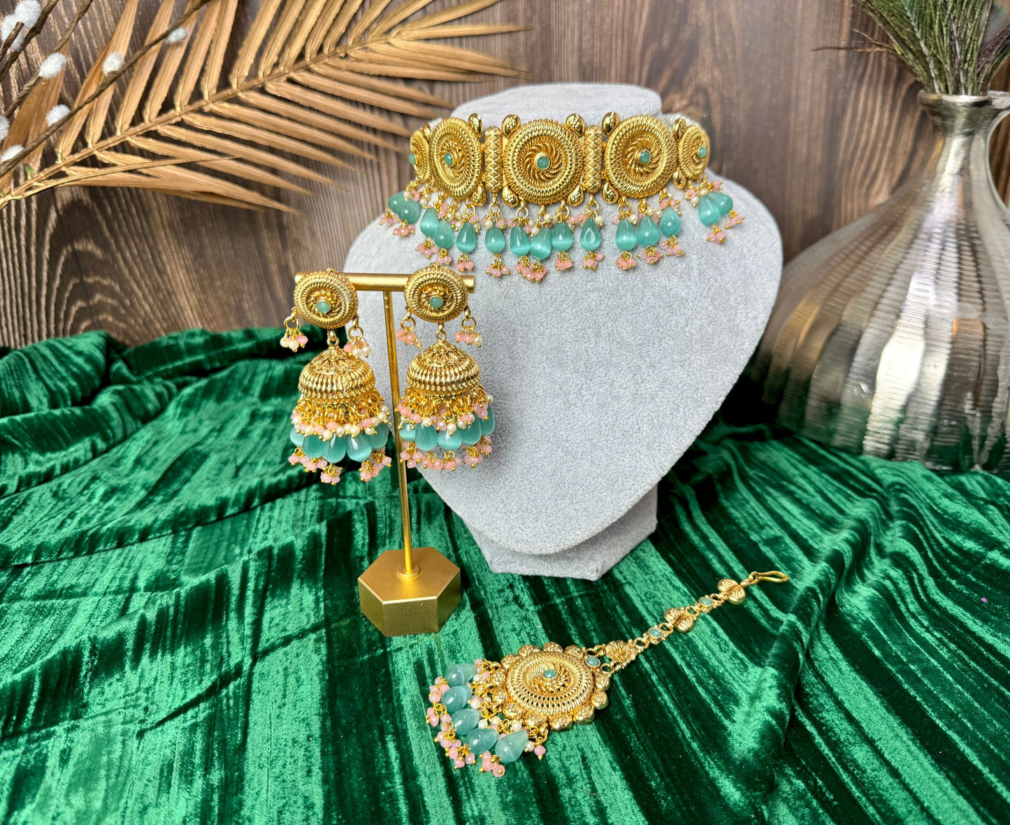 green pink gold plated set with earrings