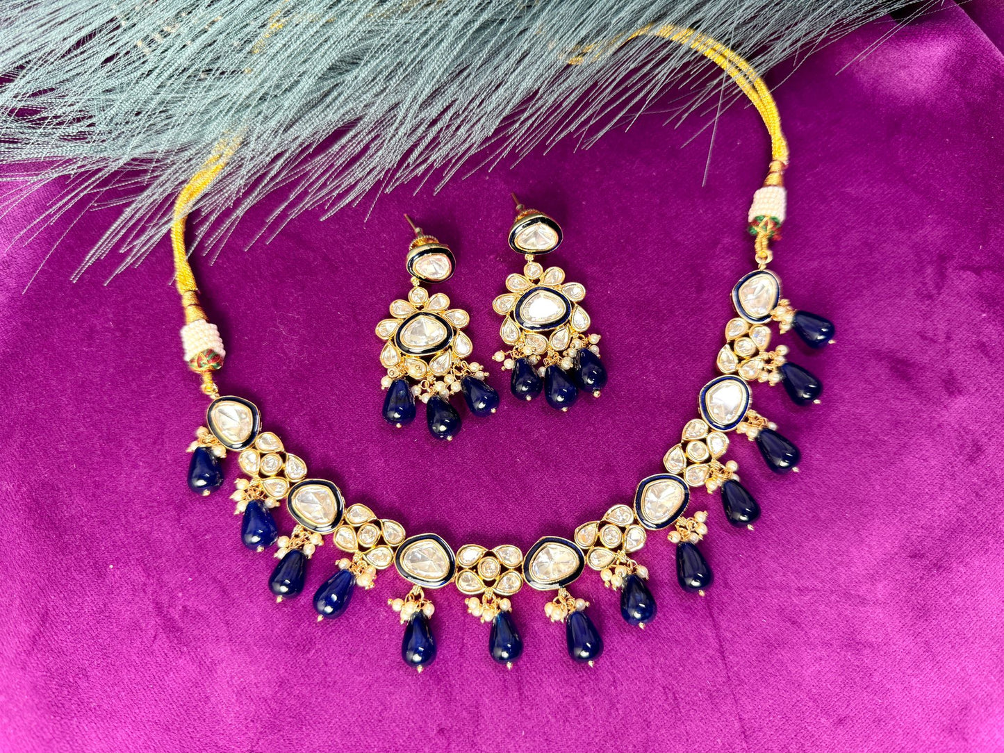 Navy Blue Kundan Necklace and Earrings