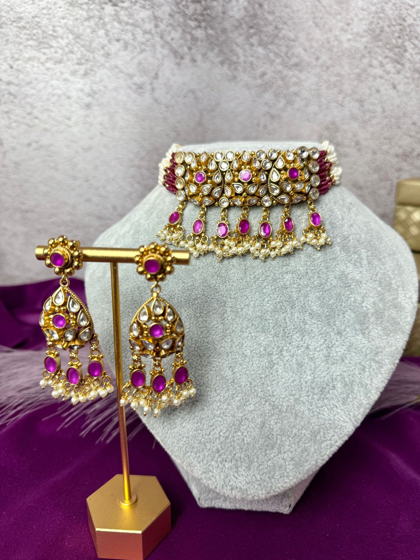 Traditional Indian  Kundan Jewelry in Magenta color 