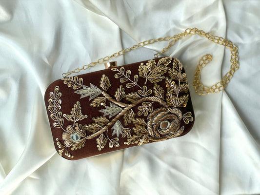 Luxurious Brown and Gold Embroidered Clutch
