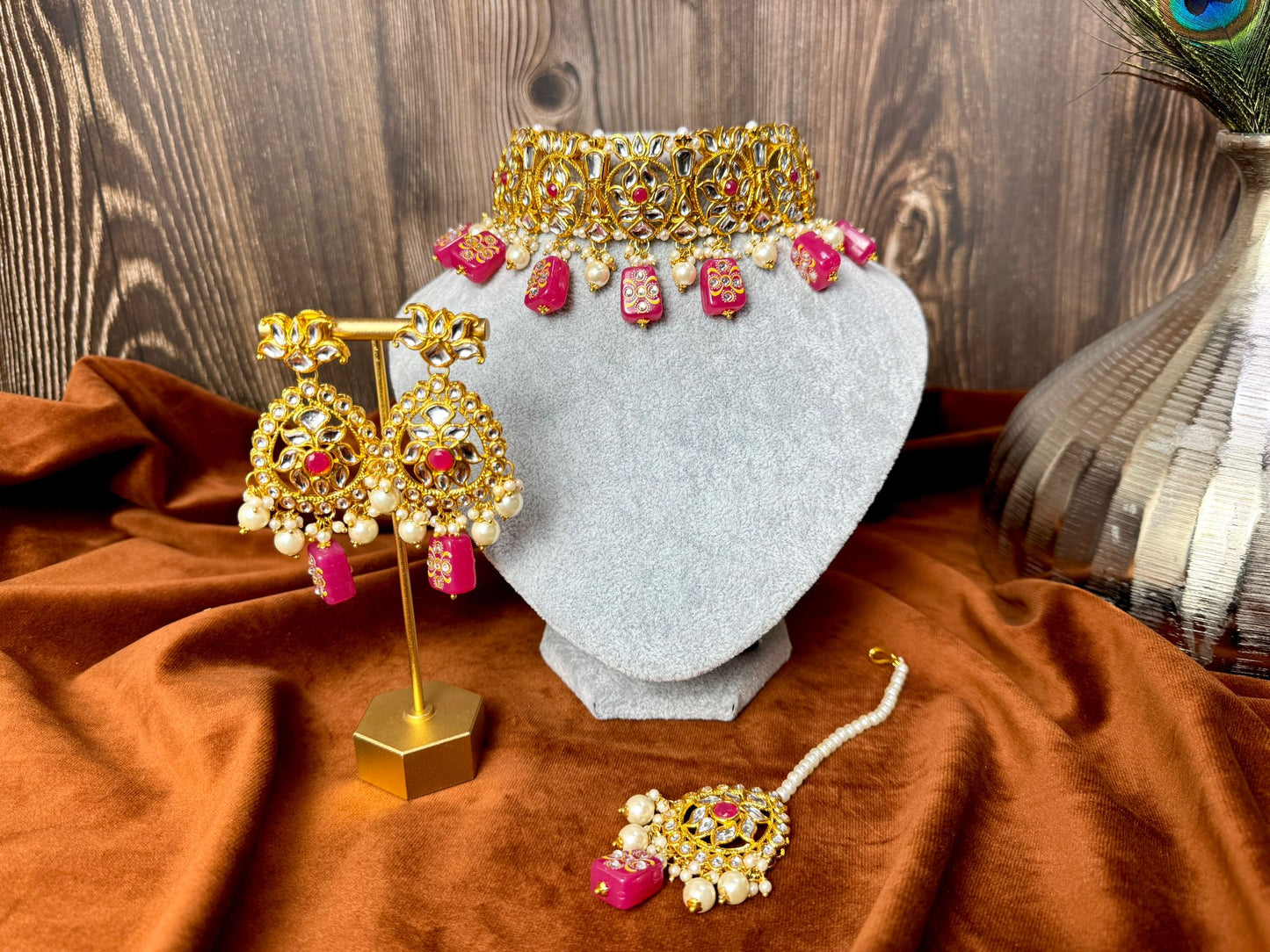 Stunning Hot Pink Meenakari Necklace and Earring Set