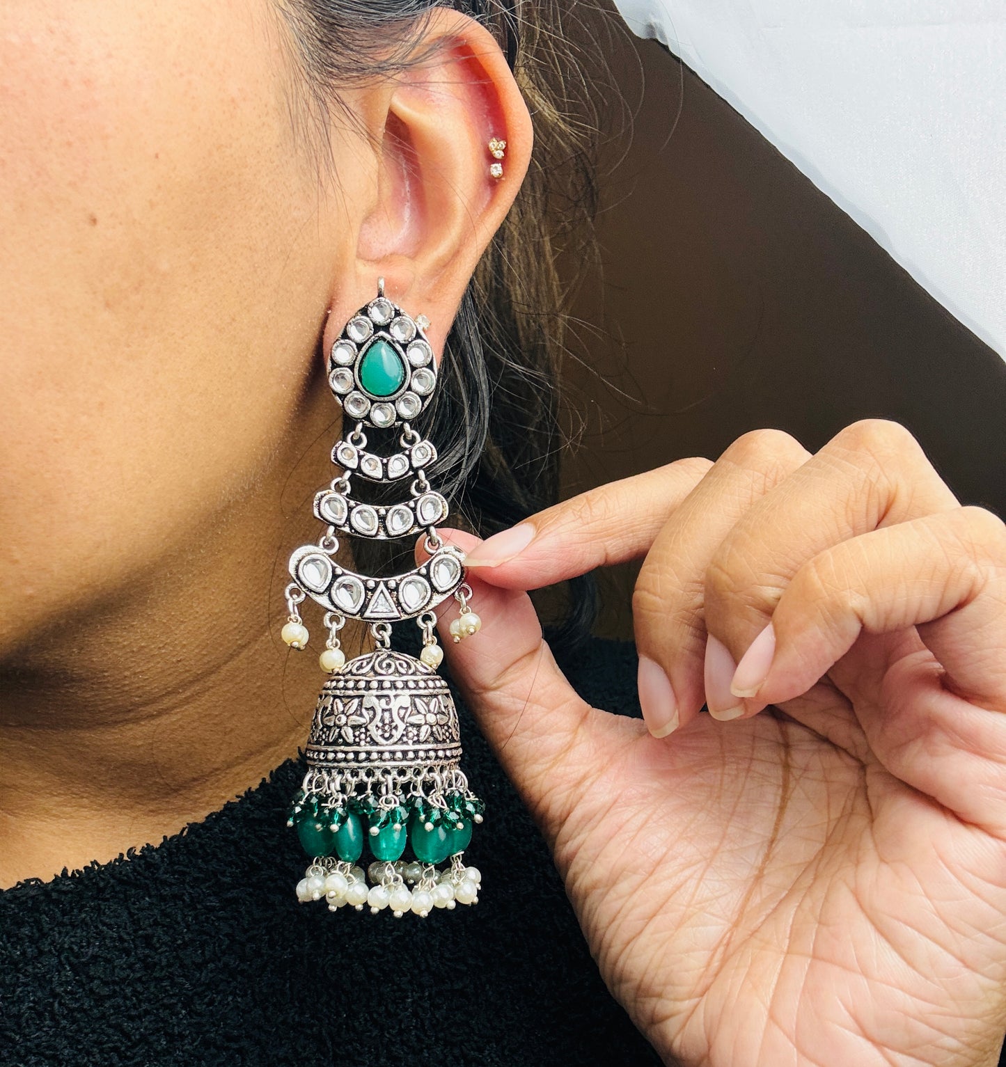 Emerald Green Oxi Jhumkas- Lux