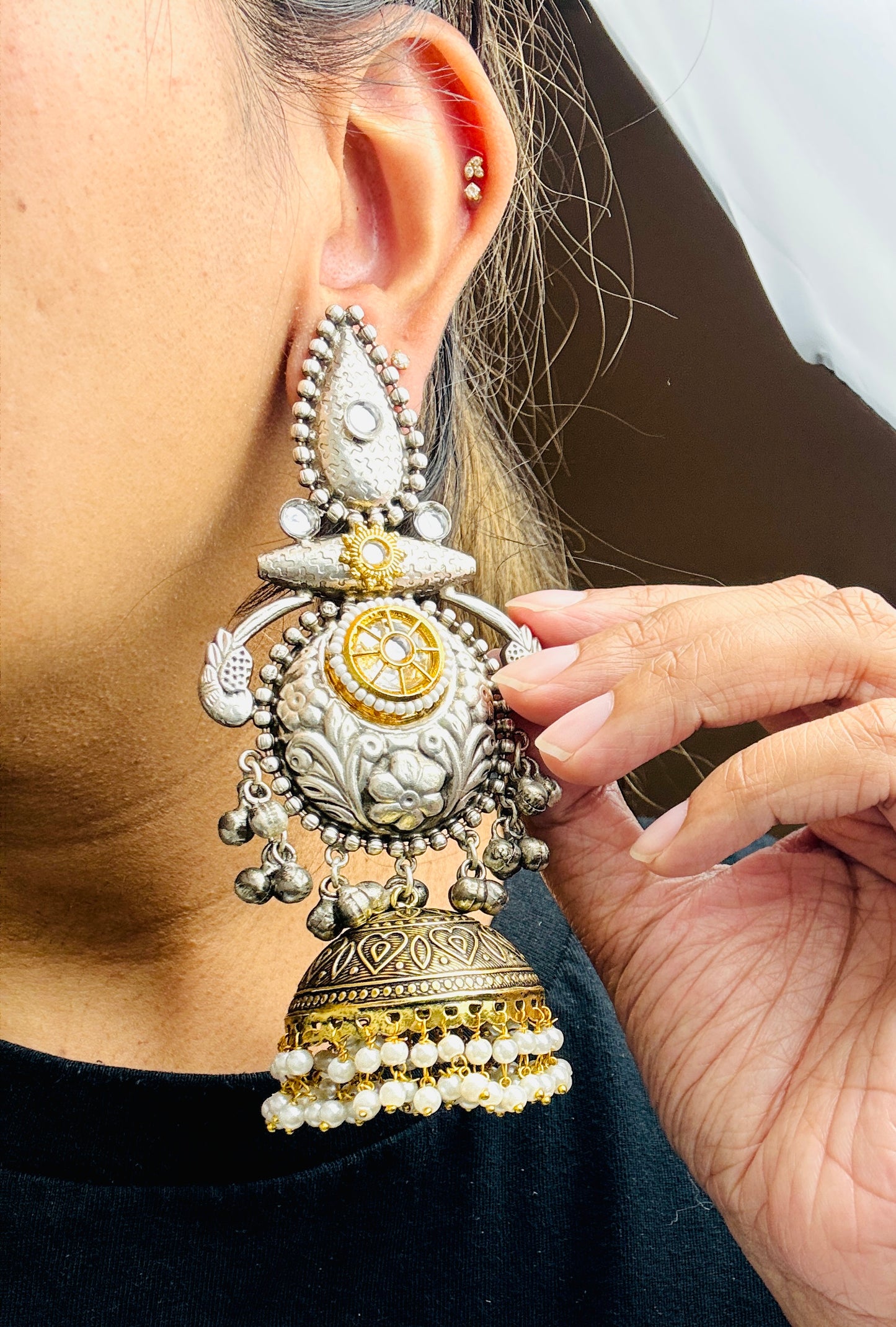 Gold and Silver oversized jhumkas- Lux