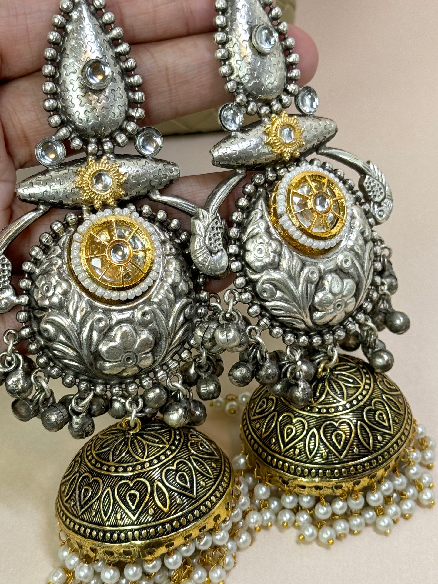 Gold and Silver oversized jhumkas- Lux