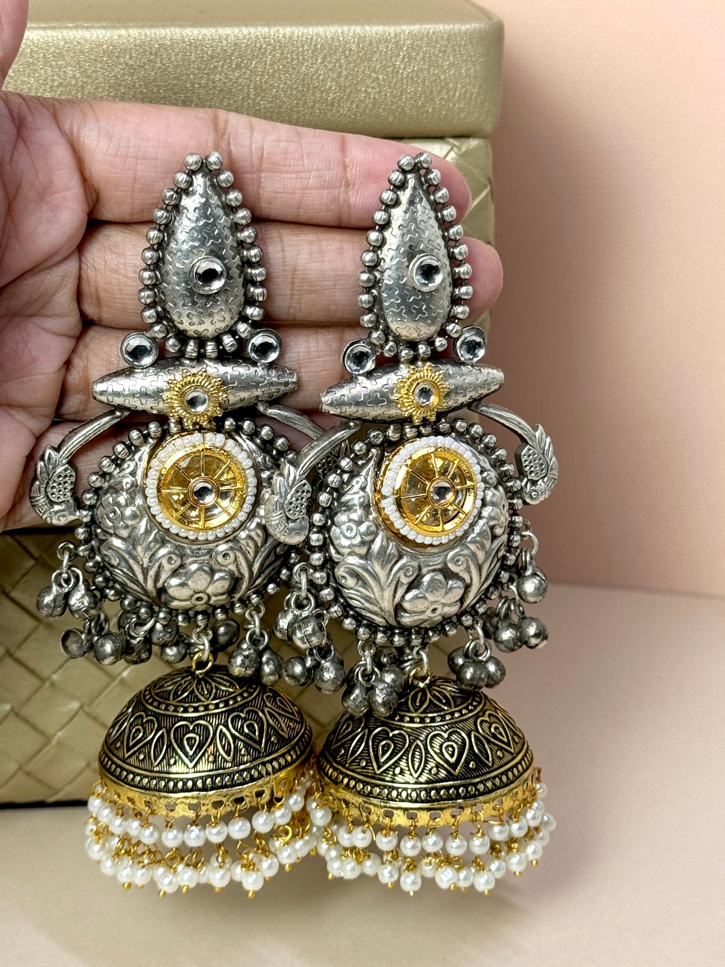 Gold and Silver oversized jhumkas- Lux