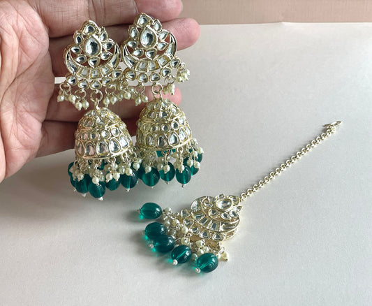 Emerald Green Tikka set with intricate design 