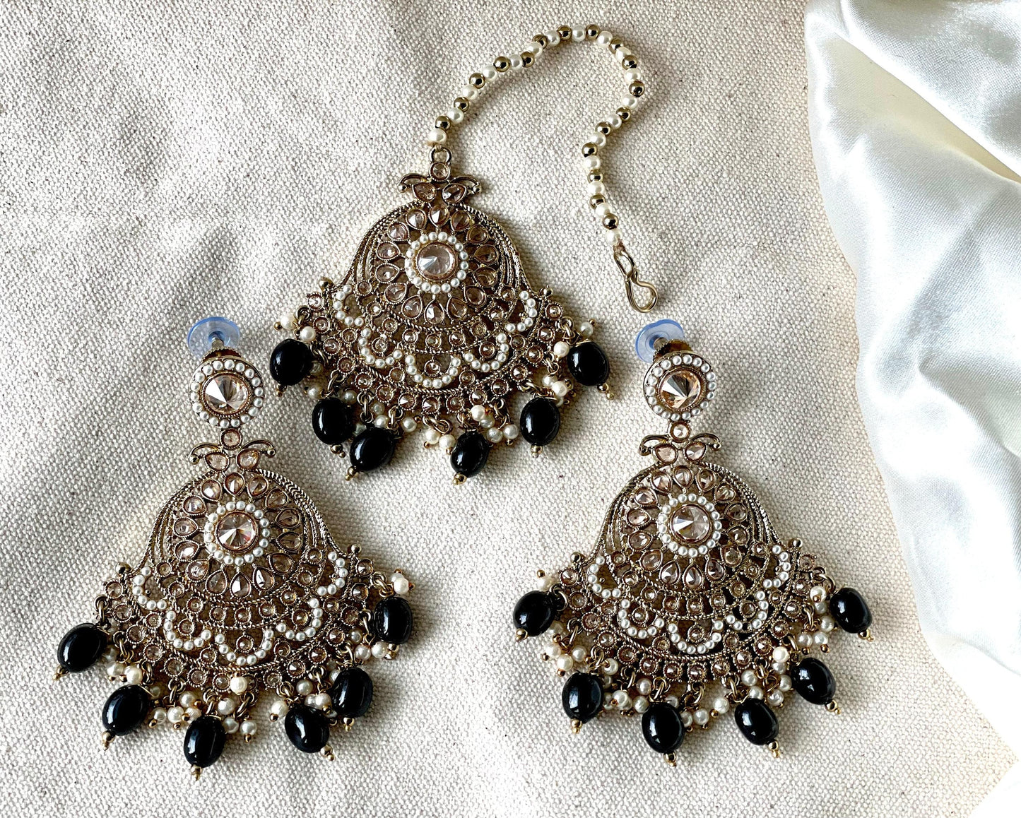 Black Polki Tikka and Jhumkas Set