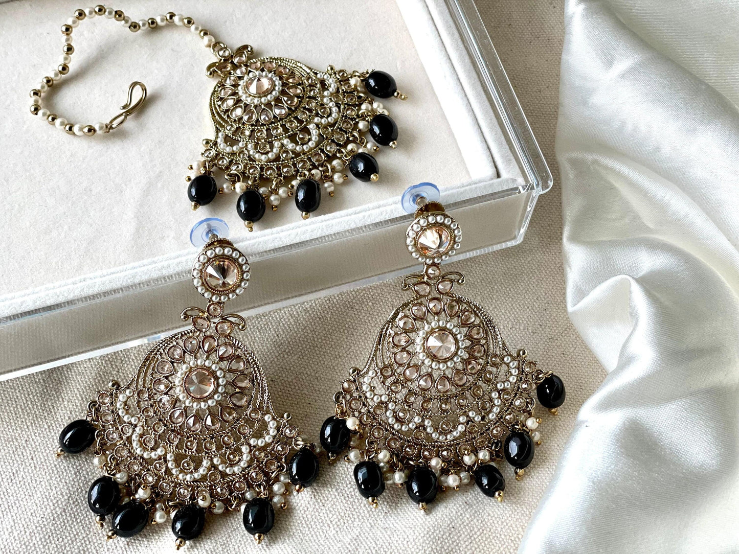 Black Polki Tikka and Jhumkas Set