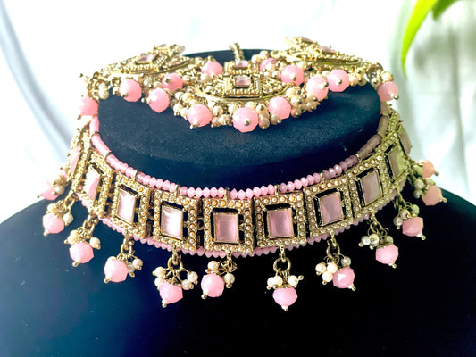 Pink choker set with tikka