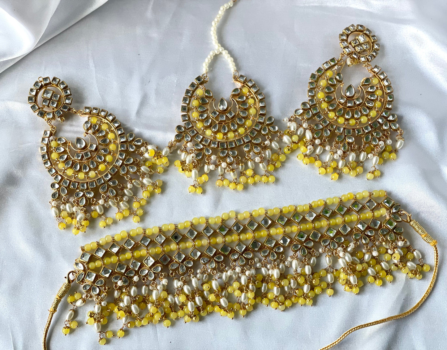 Yellow Choker with Oversized earrings and Tikka