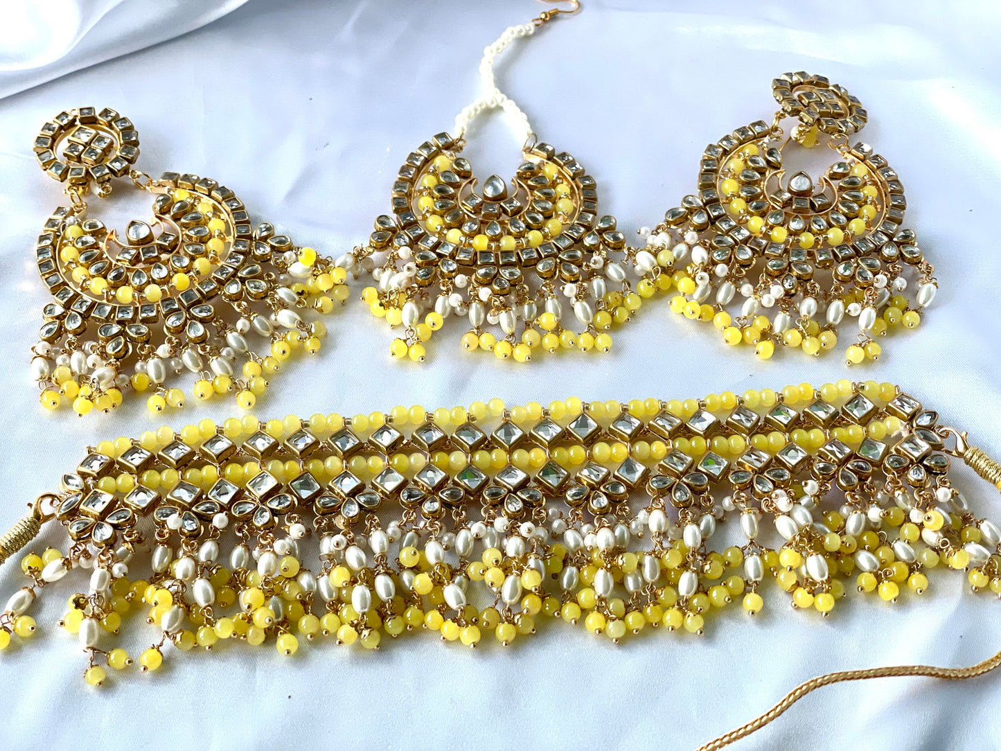 Yellow Choker with Oversized earrings and Tikka