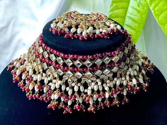 Oversized Tikka Earrings and Choker Maroon Choker Set
