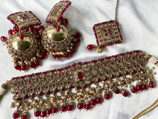 Maroon Burgundy Beaded Necklace with earrings