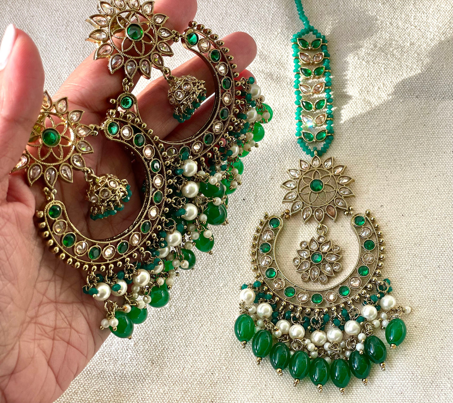 Green emerald Tikka and Jhumkas Set