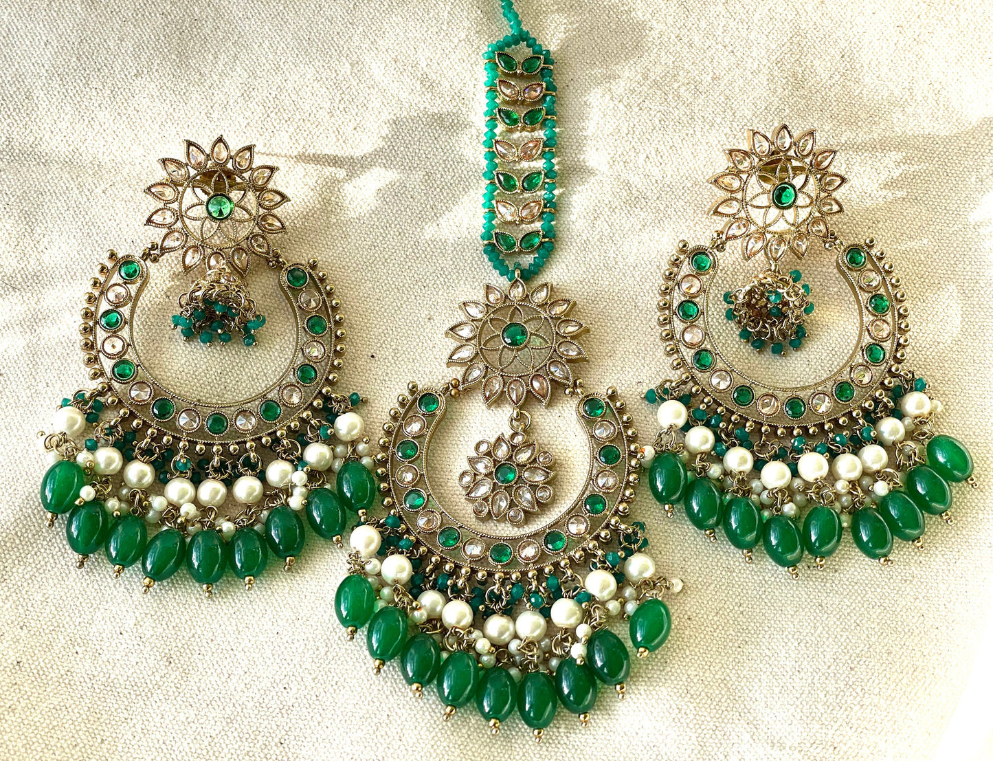 Green emerald Tikka and Jhumkas Set