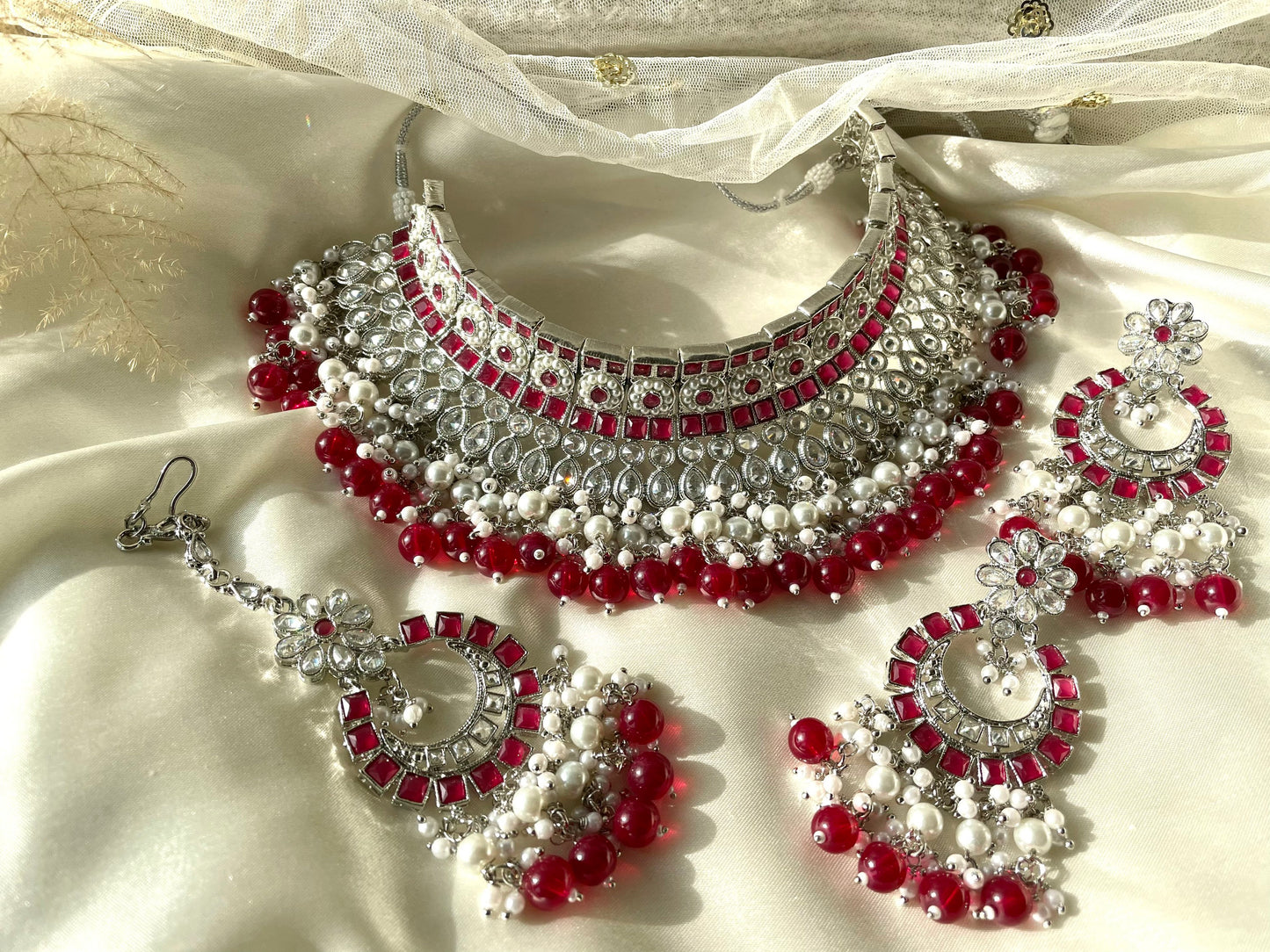 Silver and Red Polki Set