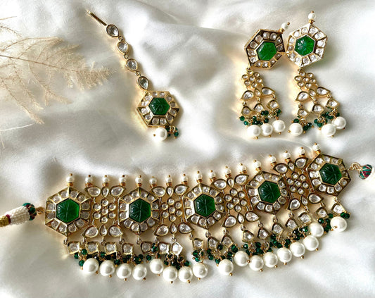 Emerald Green Paachi Kundan Choker Set