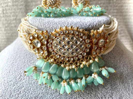 Mint Green Kundan Choker Necklace and Earring