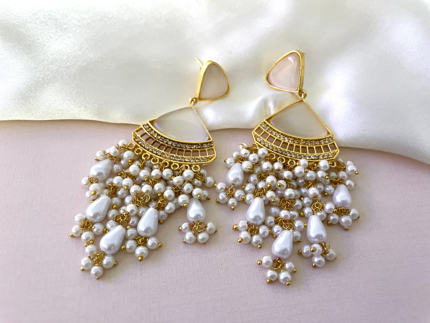 Gold and White Stylish Drop Earring Pair